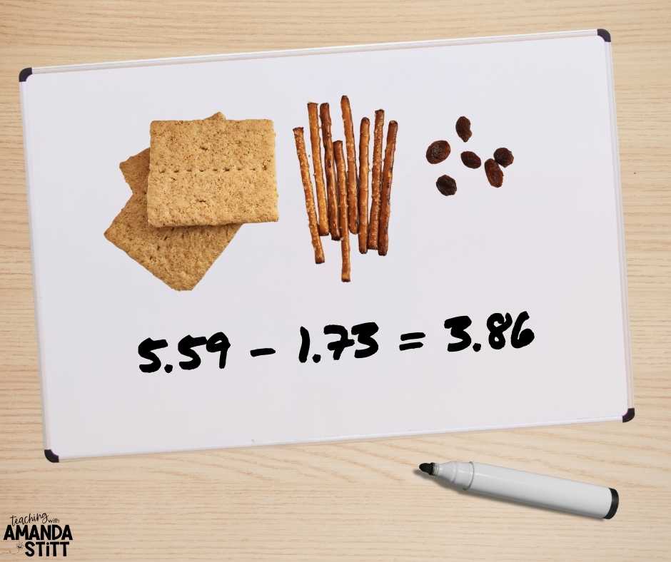 To spice up teaching adding and subtracting decimals to 5th graders even more use food. You can use graham crackers as flats, pretzels sticks for rods, and raisins for cubes.