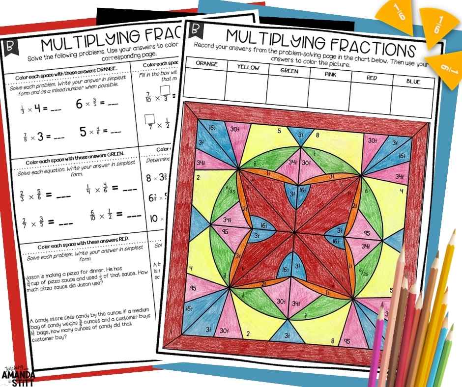 Color by numbers are engaging 5th grade fractions worksheets for students to complete.