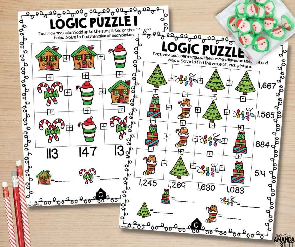 Logic puzzles are festive and no-prep Christmas math activities.