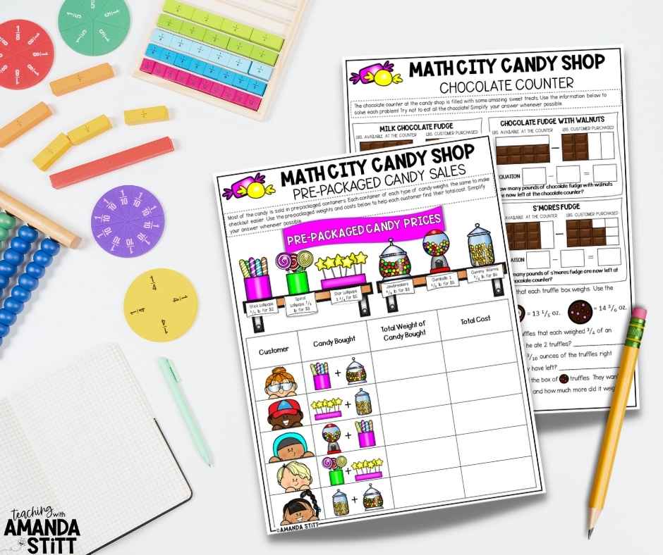 Use the Math City Candy Store as a story to teach fractions.