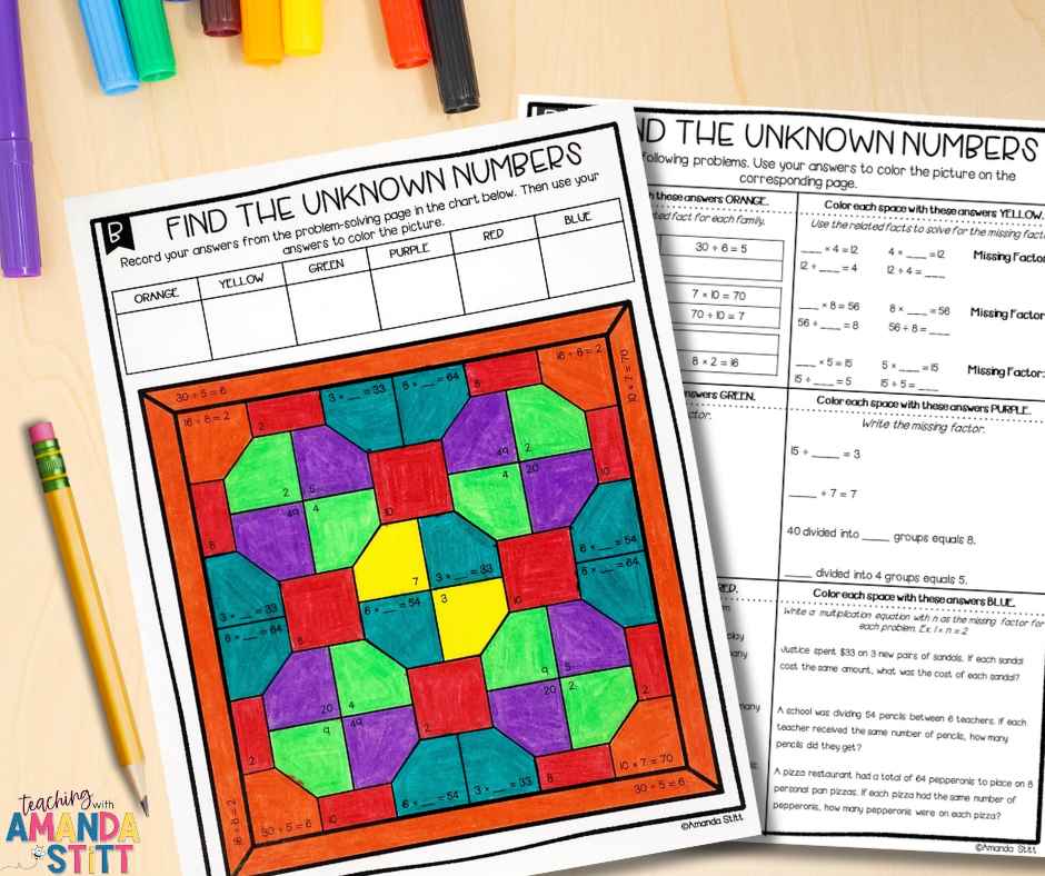 This operations and algebraic thinking color by number activity practices specific 3rd grade multiplication skills.